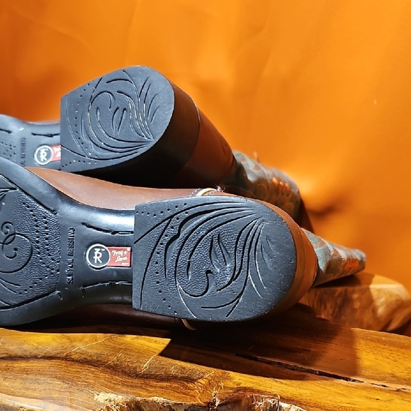 Tony Lama Brown Leather Boots with Teal Embroidery - Picture 4 of 13